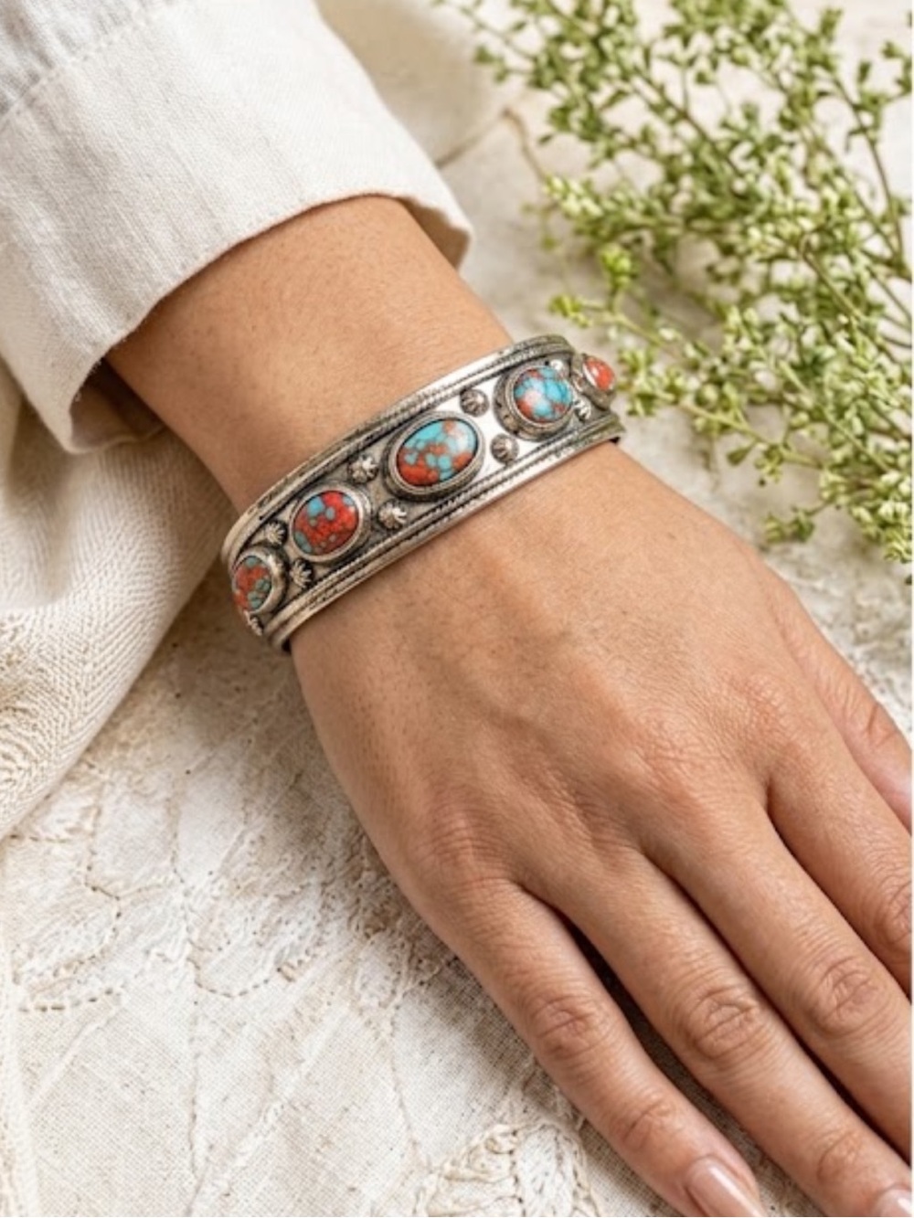 NWT Boho Southwestern Turquoise Coral Stainless Steel Cuff Bracelet⁠